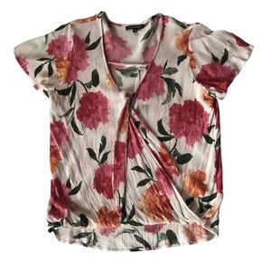 Staccato Women's Blouse Faux Wrap Short Sleeve Tie V-neck Floral Rayon Size S